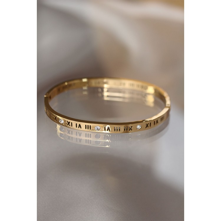 316L Stainless Steel Gold-Colored Bracelet Cuff with Roman Numerals - TJ-BB3565