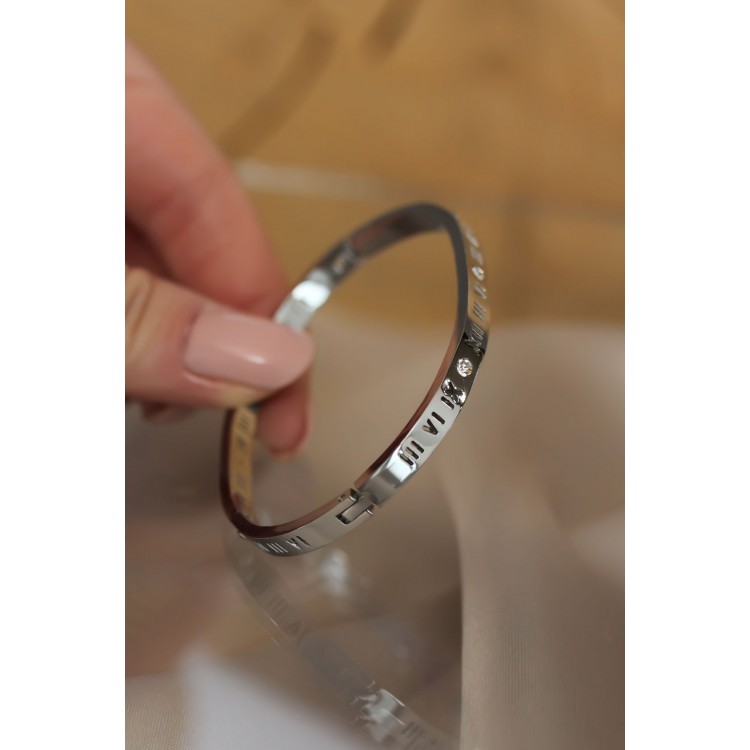 316L Çelik Roma Rakamlı Silver Renk Bilezik Kelepçe - TJ-BB3566