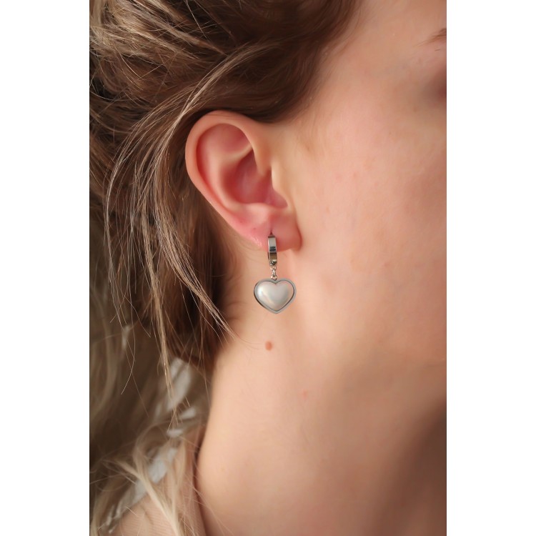 316L Çelik Gümüş Renk Beyaz Bombeli Kalp Küpe - TJ-BKP6316