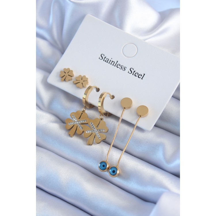 316L Çelik Gold Renk Zirkon Taşlı Yonca Model Kadın Küpe Seti - TJ-BKP8002