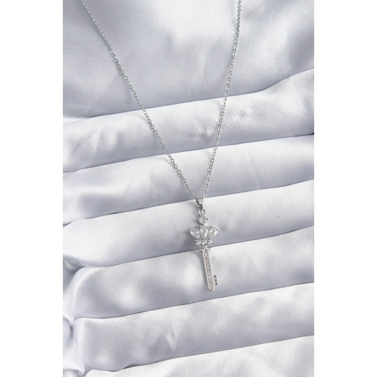 316L Çelik Zincir Gümüş Renk Zirkon Taşlı Anahtar Model Kadın Kolye - TJ-BKO8043