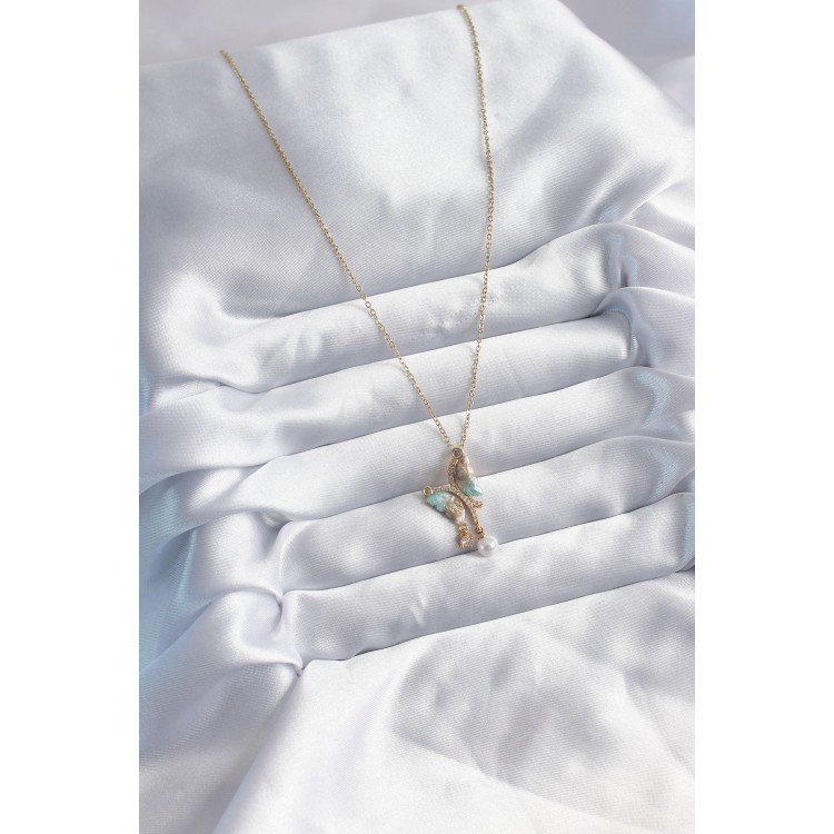 316L Çelik Zincir Gold Karışık Renk Zirkon Taşlı Kelebek Figür İnci Kadın Kolye - TJ-BKO8048