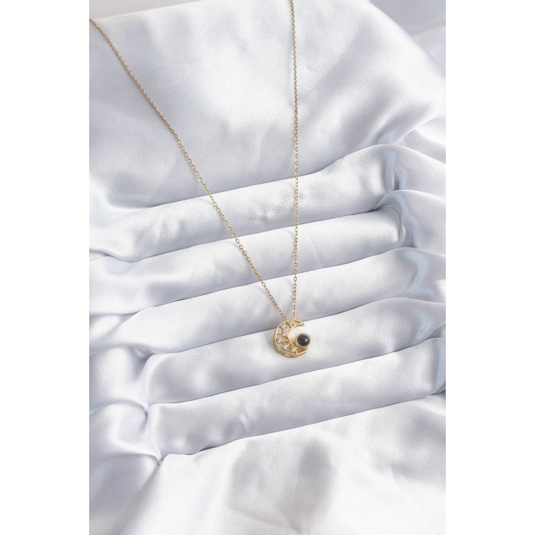 316L Çelik Zincir Gold Renk Zirkon Taşlı Hilal Projeksiyon Model Kadın Kolye - TJ-BKO8067