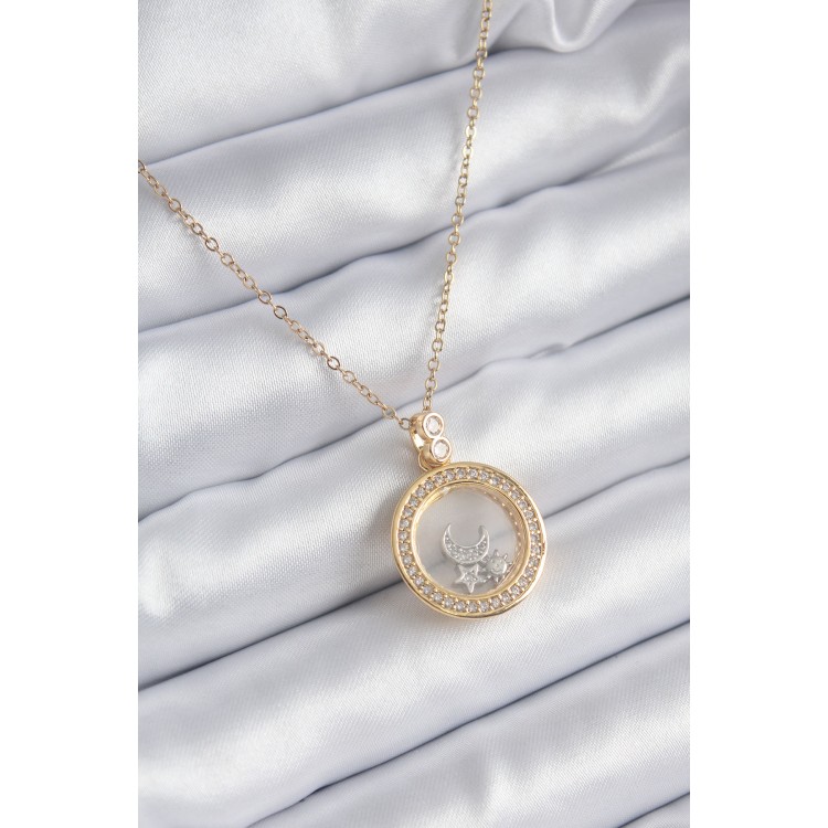 316L Çelik Gold Renk Zirkon Taş Detay Ay Yıldız Fanus Model Kadın Kolye - TJ-BKO8194