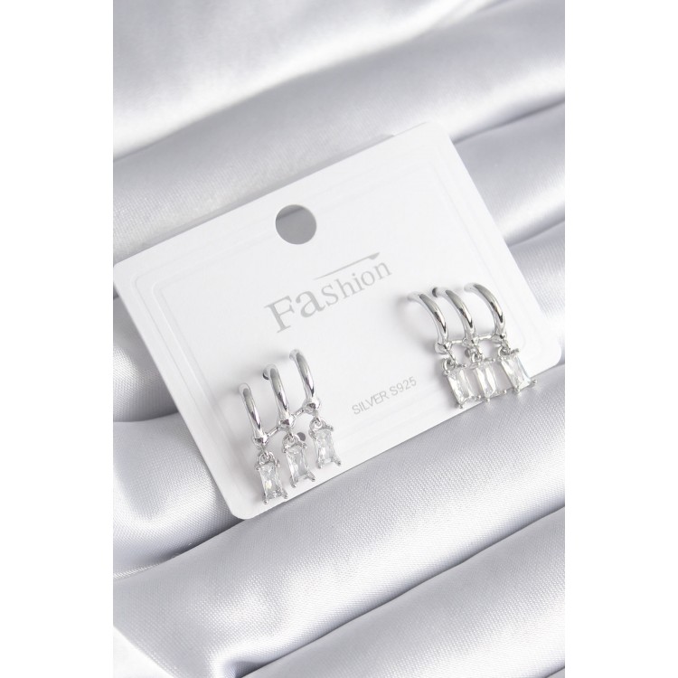 Pirinç Gümüş Renk 3'lü Sallantı Zirkon Taşlı Küpe - TJ-BKP8421