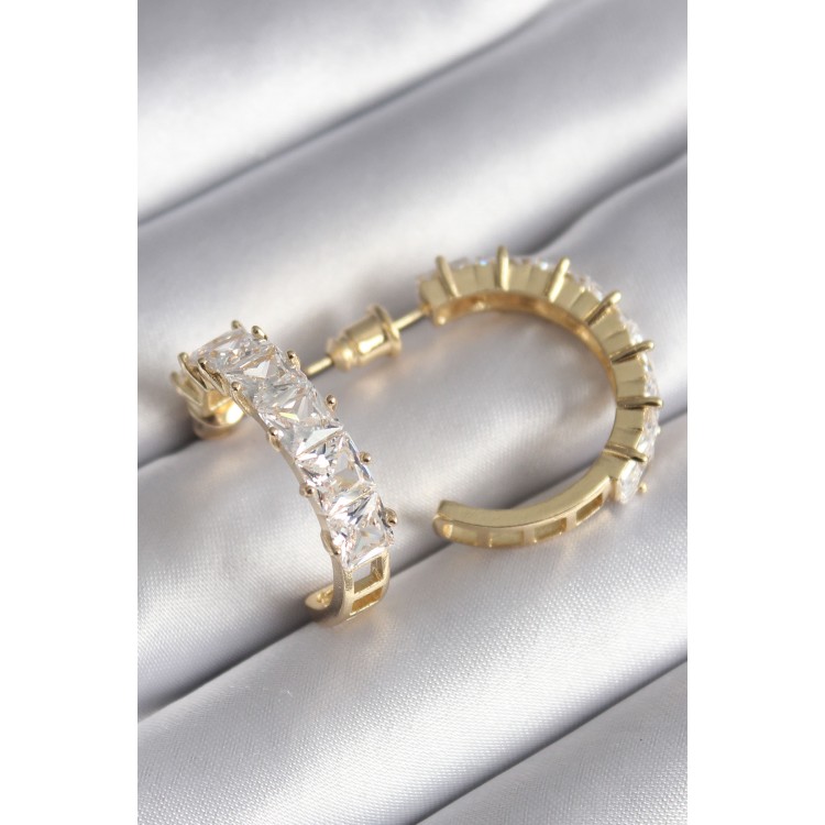 Gold-Colored Zircon Stone Hoop Earrings for Women - TJ-BKP8609