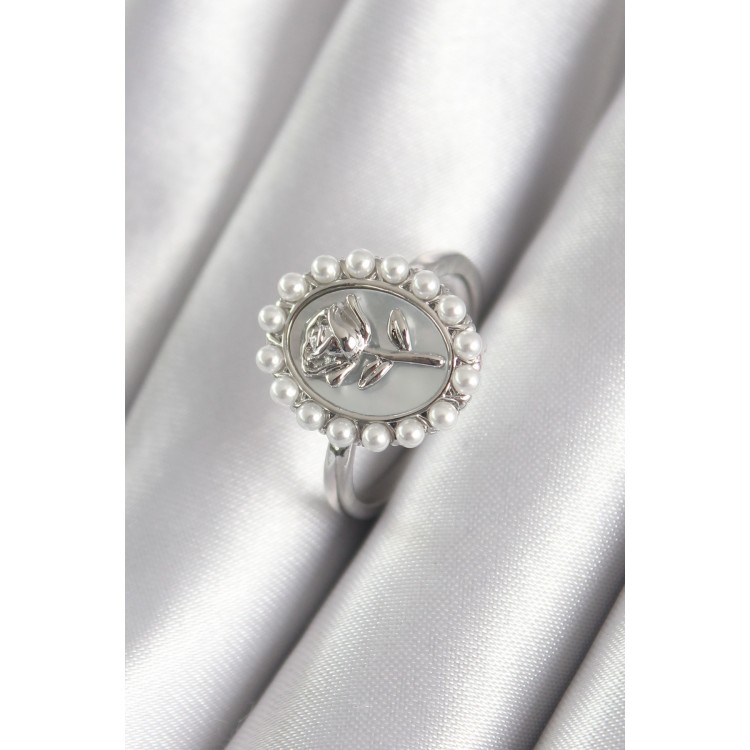 Silver-Tone Rice Grain Portrait Rose Design Pearl Detail Women's Ring - TJ-BYK3064