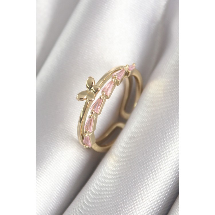 Gold-Colored Zircon Stone Butterfly Figure Women's Ring - TJ-BYK3074