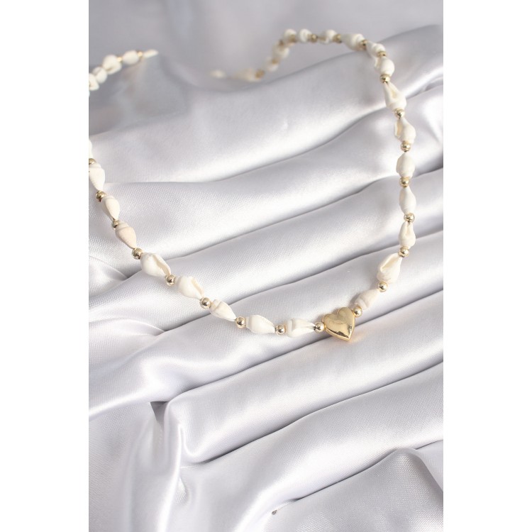 Beyaz Deniz Kabuğu Model Gold Renk Kalp Figür Kadın Kolye - TJ-BKO8373