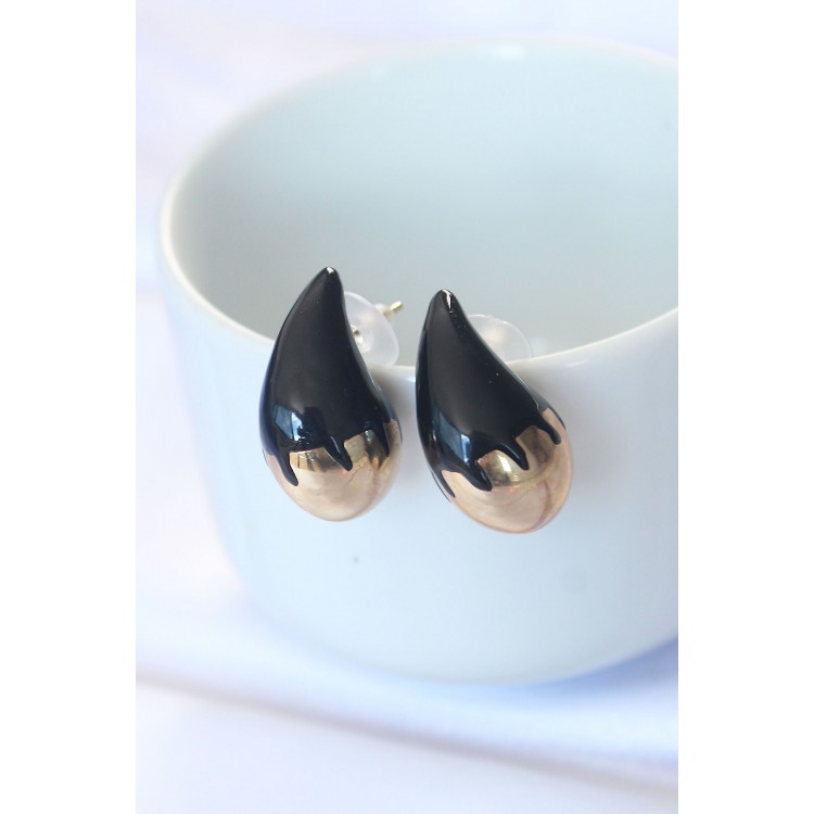 Minimal Black Enamel Two-Tone Drop Earrings - TJ-BKP8868