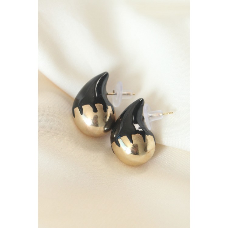 Minimal Black Enamel Two-Tone Drop Earrings - TJ-BKP8868