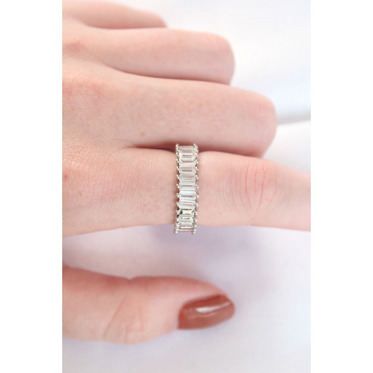 Sequential Baguette Stone Silver Color Adjustable Ring - TJ-BYK3110