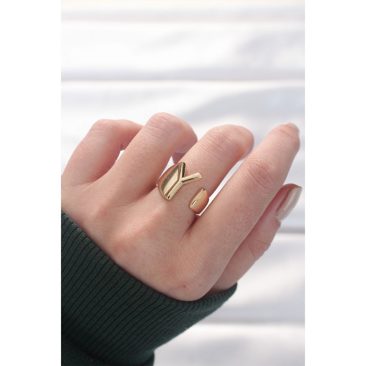 Y-Shaped Gold Color Adjustable Ring - TJ-BYK3151