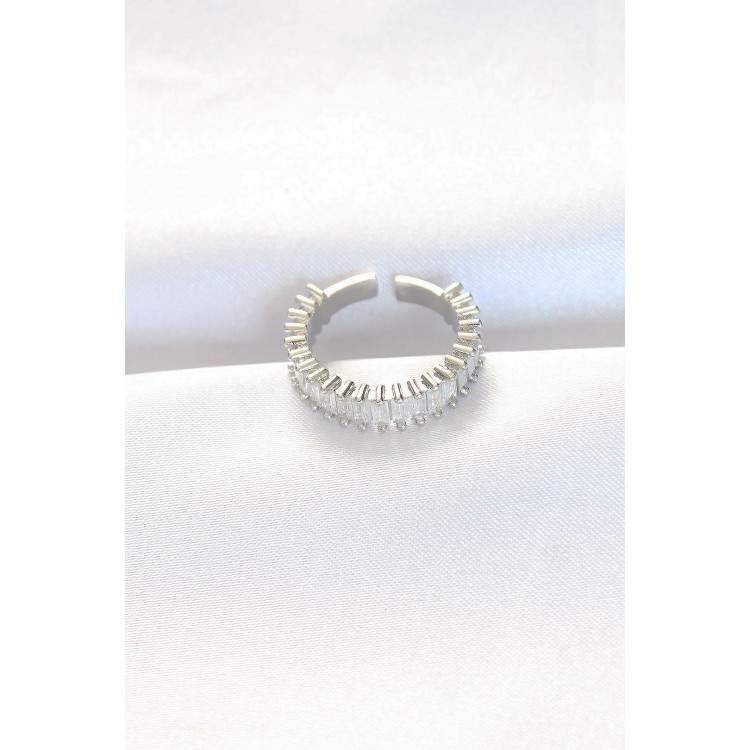 Sequential Baguette Stone Silver Color Adjustable Ring - TJ-BYK3110