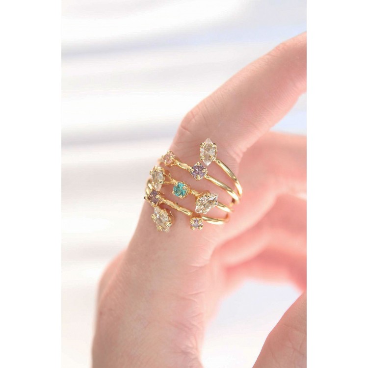 Gold Color Adjustable Ring with Colored Zircon Stones - TJ-BYK3128
