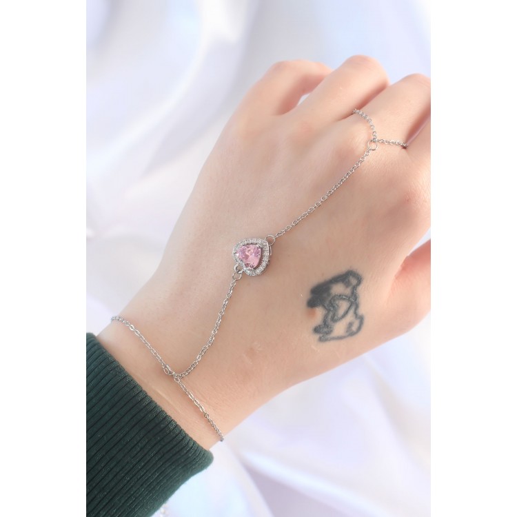316L Çelik Gümüş Renk Pembe Zirkon Taşlı Kalp Model Şahmeran - TJ-SN582