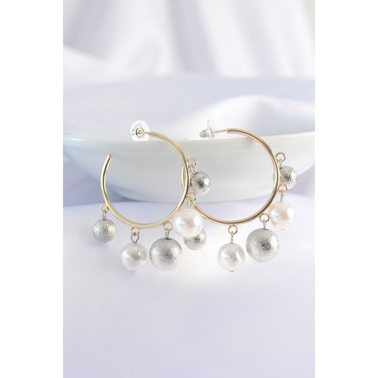 Silver-Colored Rice-Shaped Stud Earrings with Gold-Colored Hoop - TJ-BKP8907