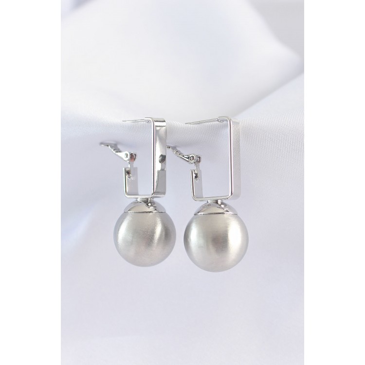 Rice Silver Color Rectangular Detail Oval Earrings - TJ-BKP8914