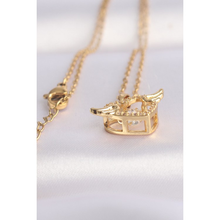 316L Çelik Zincir Altın Renk Zirkon Taşlı Kanatlı Kalp Kolye - TJ-BKO8628