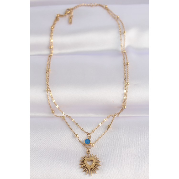 316L Çelik Zincir Altın Renk Nazar Boncuk Detay Kalp Güneşi Kolye - TJ-BKO8636