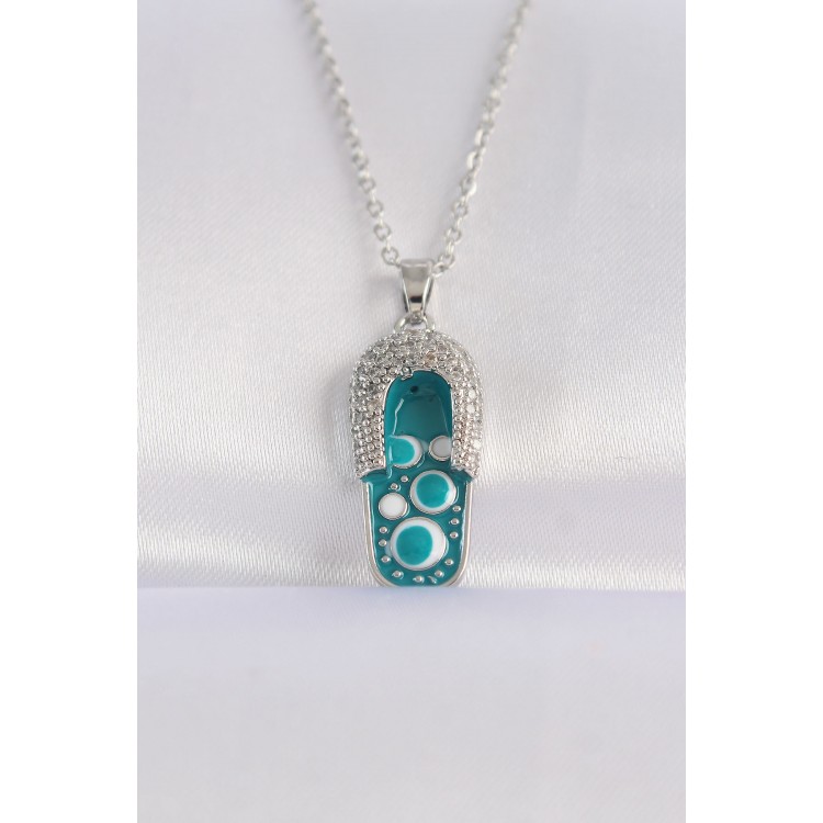 316L Çelik Zincir Zirkon Taşlı Gümüş Renk Nazarlı Terlik Tasarımlı Kolye - TJ-BKO8665