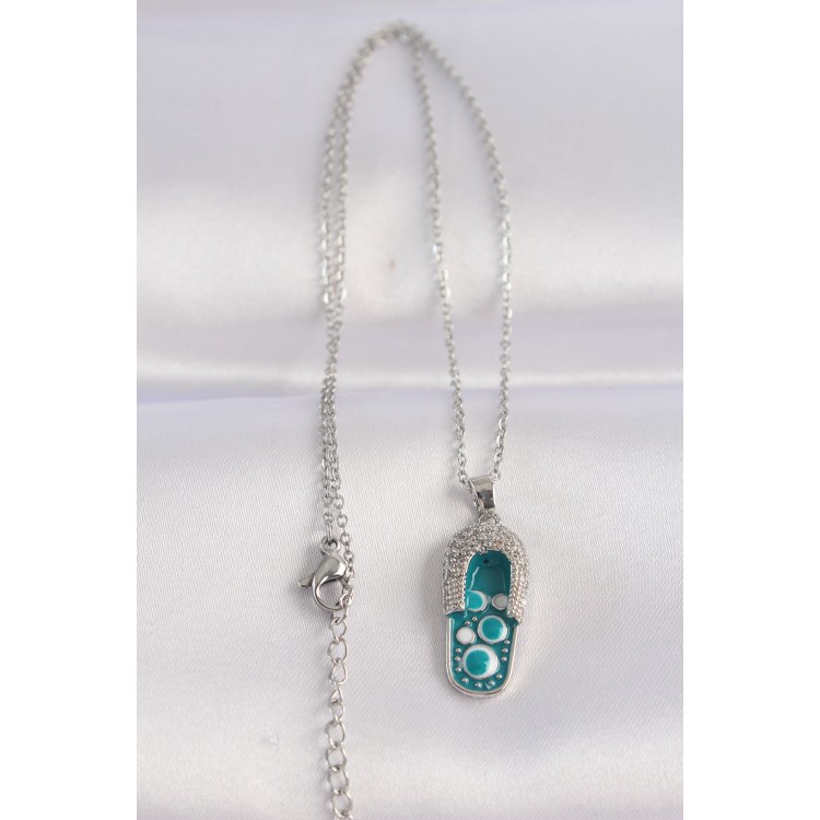 316L Çelik Zincir Zirkon Taşlı Gümüş Renk Nazarlı Terlik Tasarımlı Kolye - TJ-BKO8665