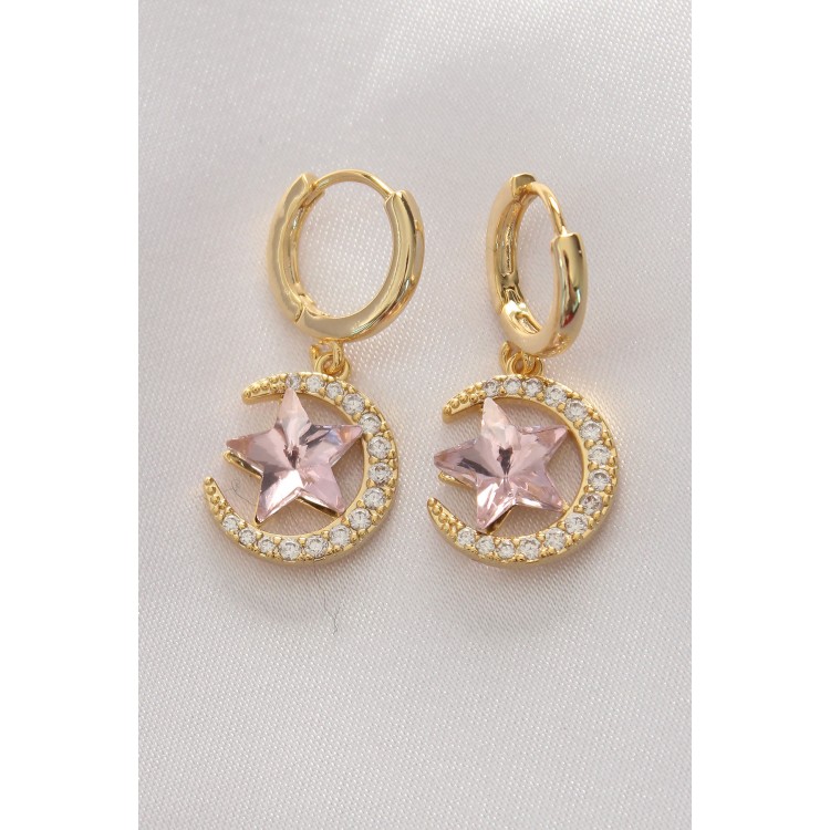 Gold-Plated Pink Zircon Star Detail Moon Earrings - TJ-BKP8965