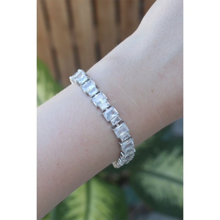 VIP Series Brass Zircon Stone Silver Color Baguette Waterway Model Bracelet - TJ-BB6066