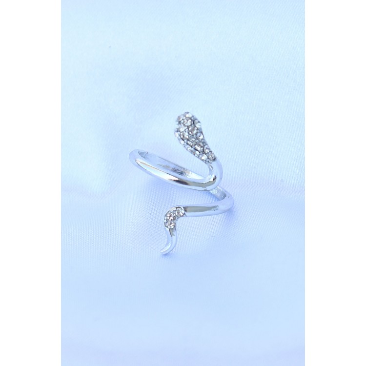 Adjustable Silver-Tone Zircon Stone Snake Ring - TJ-BYK3187