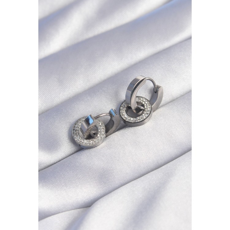 316L Stainless Steel Silver-Colored Zircon Stone Interlocking Oval Earrings - TJ-BKP9013