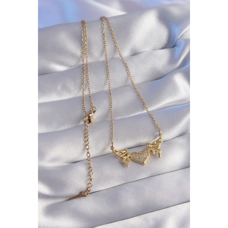 316L Stainless Steel Chain Gold Color Zircon Stone Heart Model Butterfly Detail Necklace - TJ-BKO8773