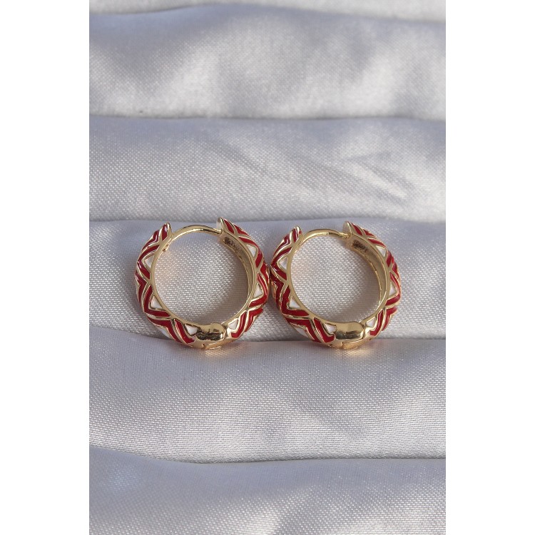 Gold-Tone Red Ethnic Pattern Hoop Earrings - TJ-BKP9074