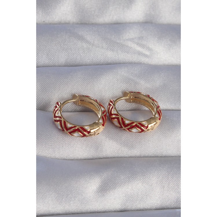 Gold-Tone Red Ethnic Pattern Hoop Earrings - TJ-BKP9074
