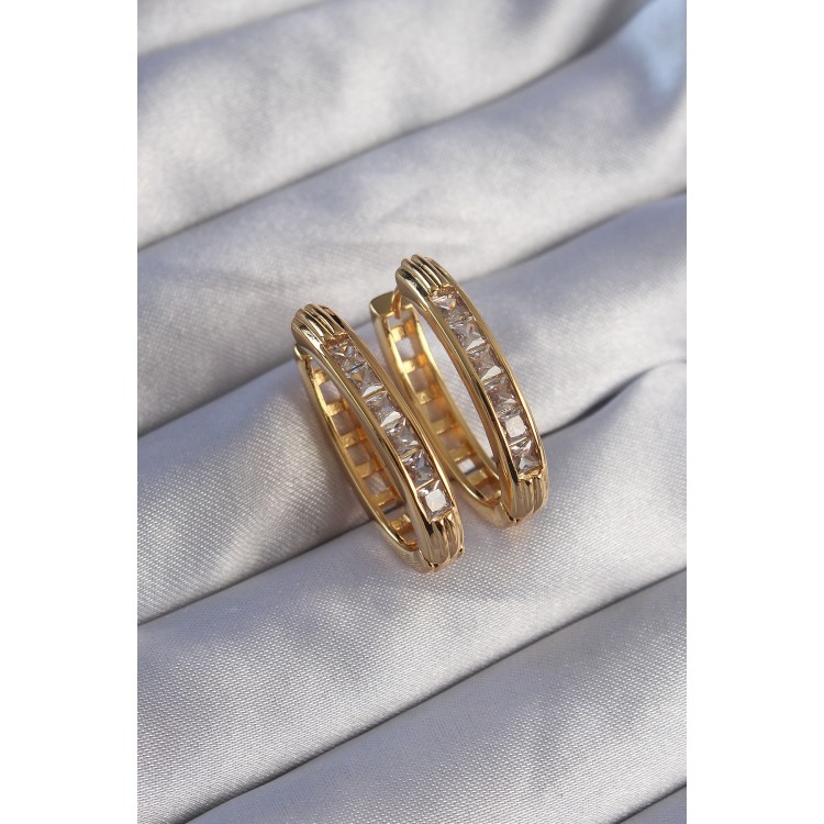 Gold-Colored Zircon Stone Oval Model Earrings - TJ-BKP9079