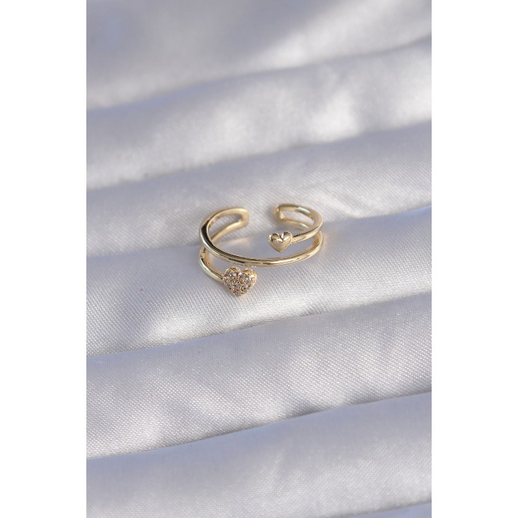 Gold-Colored Zircon Stone Heart-Shaped Adjustable Ring - TJ-BYK3203