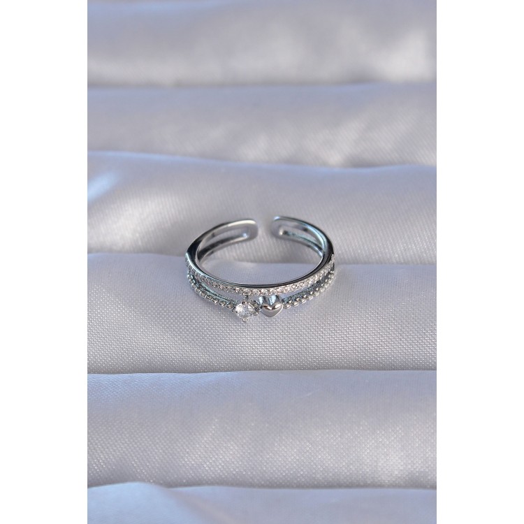 Silver-Colored Zircon Stone Heart-Shaped Waterway Model Adjustable Ring - TJ-BYK3220