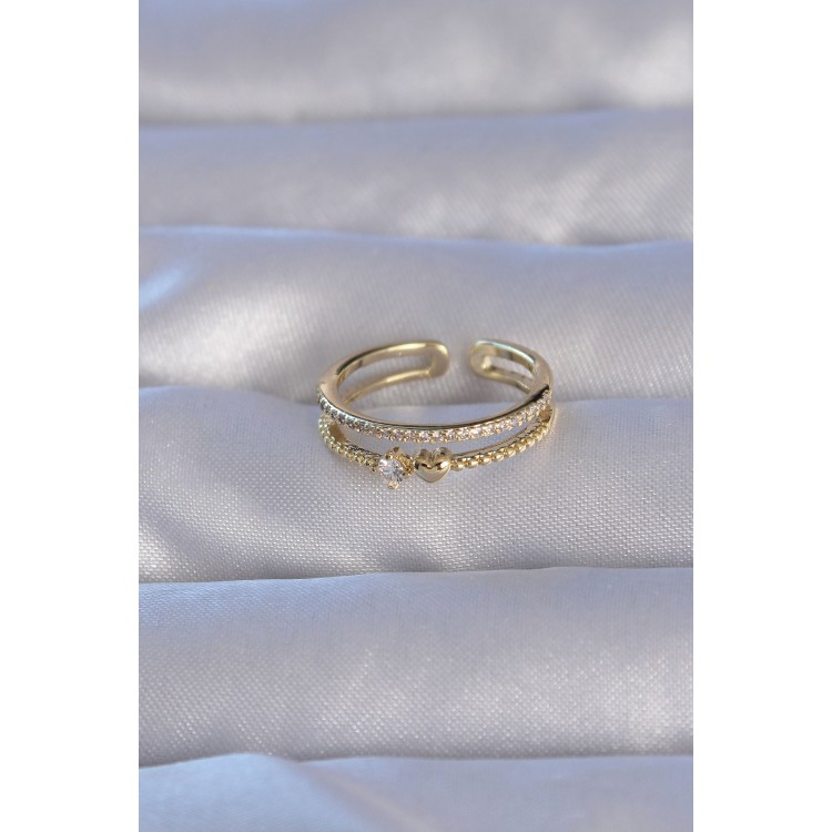 Gold-Colored Zircon Stone Heart-Shaped Waterway Model Adjustable Ring - TJ-BYK3221