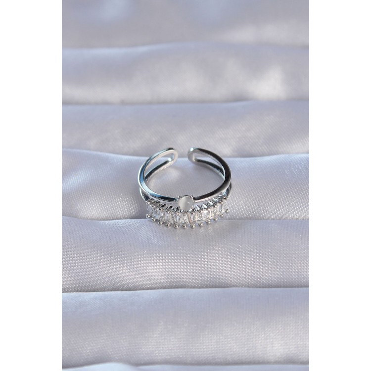 Adjustable Ring with Silver-Colored Zircon Stone Baguette Waterway Design - TJ-BYK3228