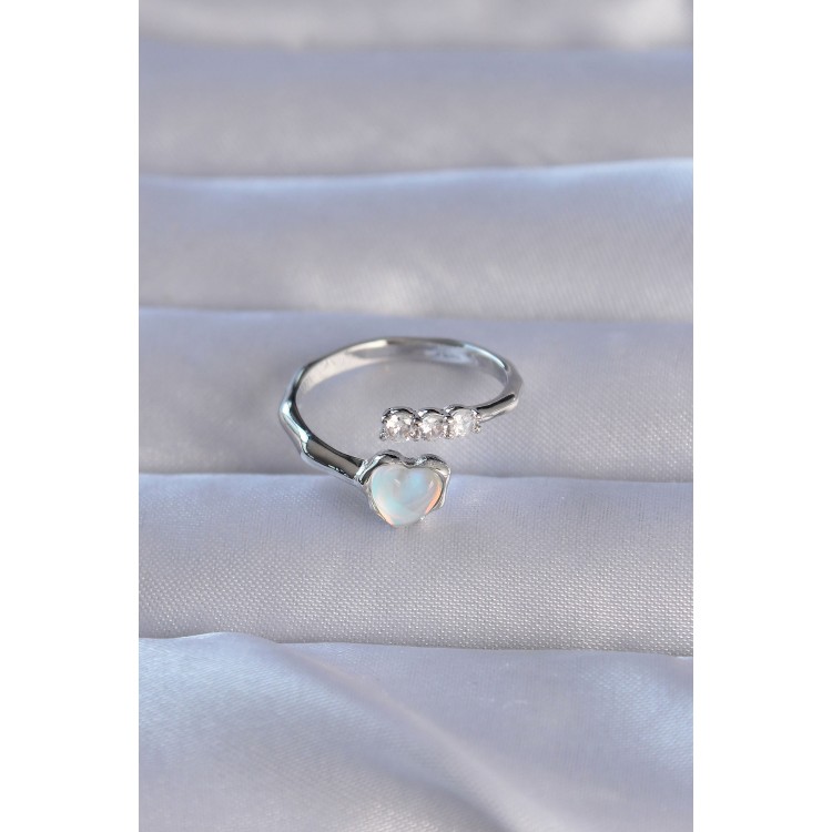 Adjustable Heart-Shaped Ring with Silver-Colored Zircon Stones and Mother-of-Pearl - TJ-BYK3232