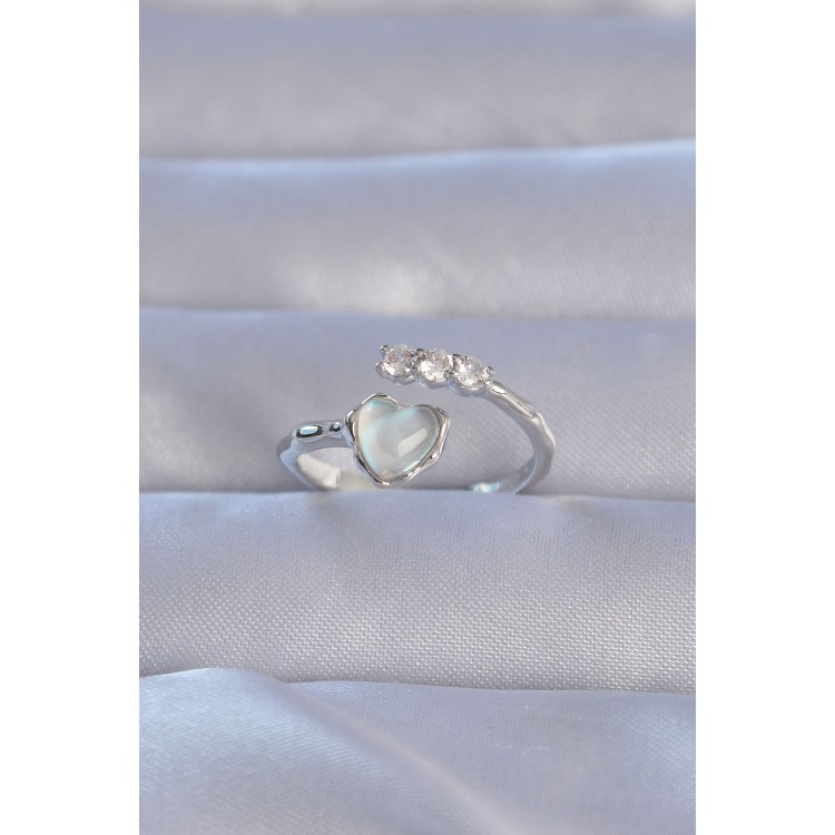 Adjustable Heart-Shaped Ring with Silver-Colored Zircon Stones and Mother-of-Pearl - TJ-BYK3232