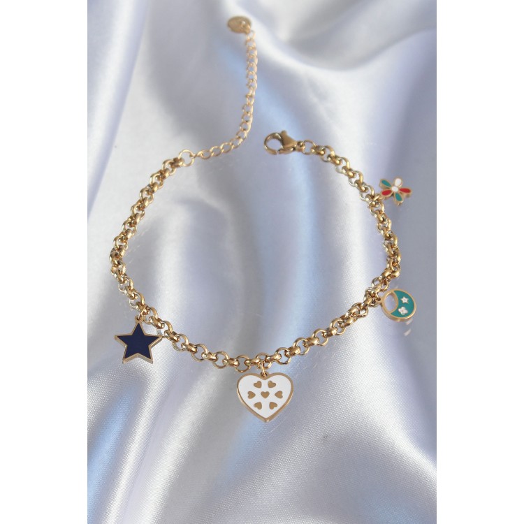 316L Çelik Gold Renk Mineli Çoklu Aksesuar Tasarımlı Zincir Bileklik - TJ-BB6185