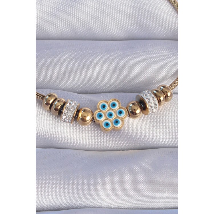 316L Çelik Gold Renk Zirkon Taşlı Nazarlı Çiçek Tasarımlı Bileklik - TJ-BB6201