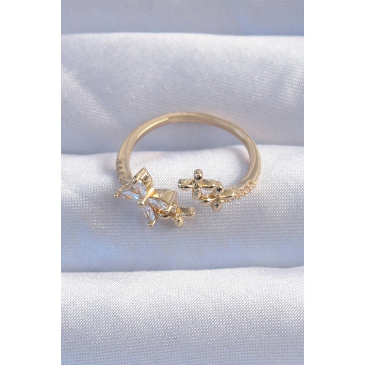 Brass Gold Color Zircon Stone Flower Model Adjustable Ring - TJ-BYK3249