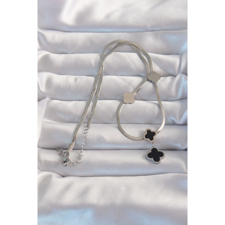 316L Çelik Gümüş Renk İtalyan Zincirli Mineli Yonca Kolye - TJ-BKO8970