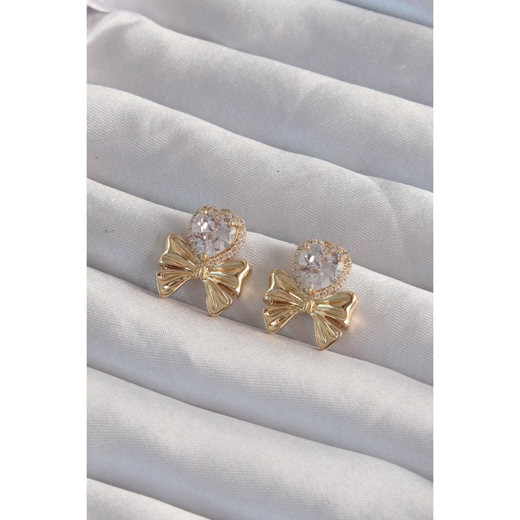 Pirinç Gold Renk Zirkon Taşlı Kalp Model Fiyonk Küpe - TJ-BKP9311