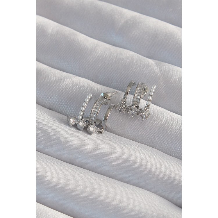 Pirinç Gümüş Renk İncili Çoklu Zirkon Taşlı Yarım Halka Küpe - TJ-BKP9316