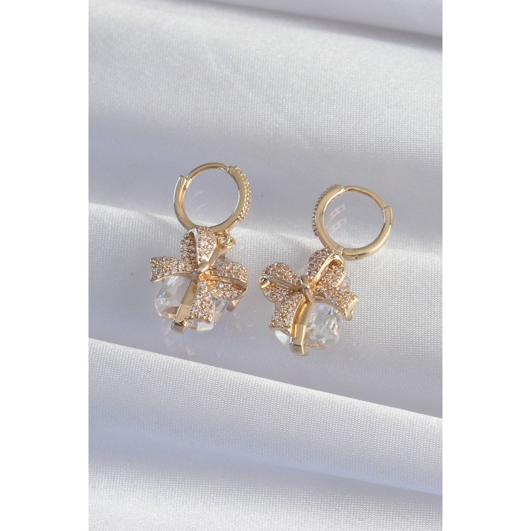 Pirinç Gold Renk İri Zirkon Taşlı Fiyonk Model Halka Küpe - TJ-BKP9313