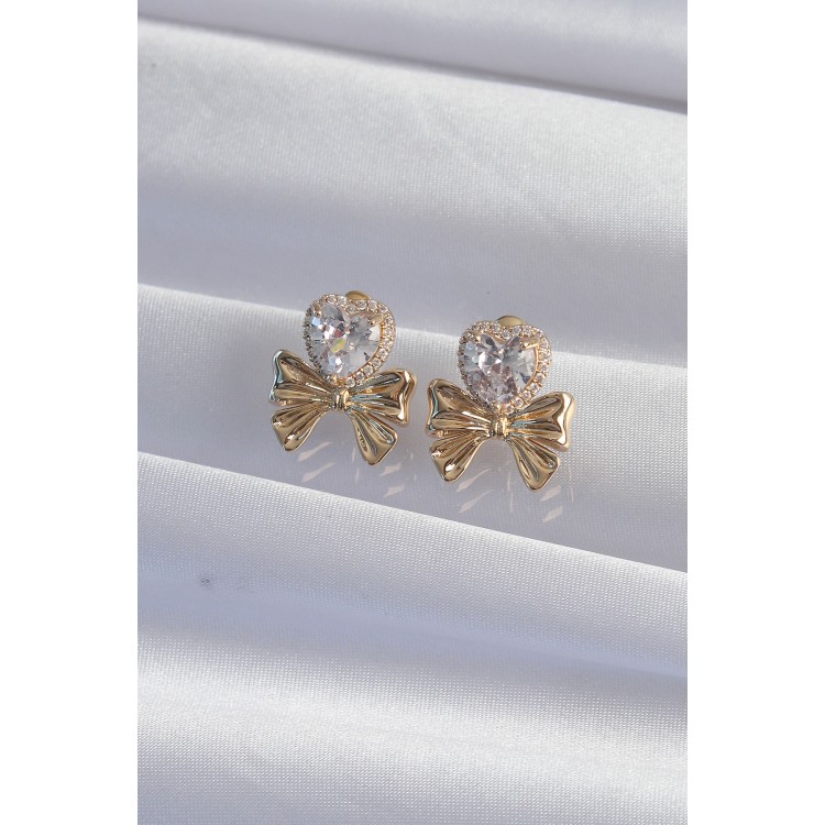 Pirinç Gold Renk Zirkon Taşlı Kalp Model Fiyonk Küpe - TJ-BKP9311