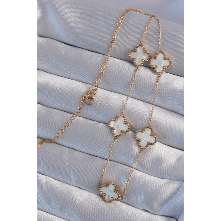 316L Çelik Gold Renk Beyaz Sedefli Yonca Kolye - TJ-BKO8996