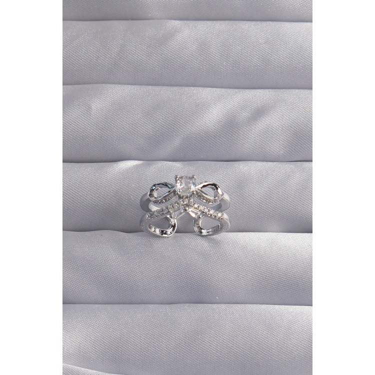 Pirinç Ayarlamalı Gümüş Renk Zirkon Taşlı 2li Görünüm Fiyonk Yüzük - TJ-BYK3288